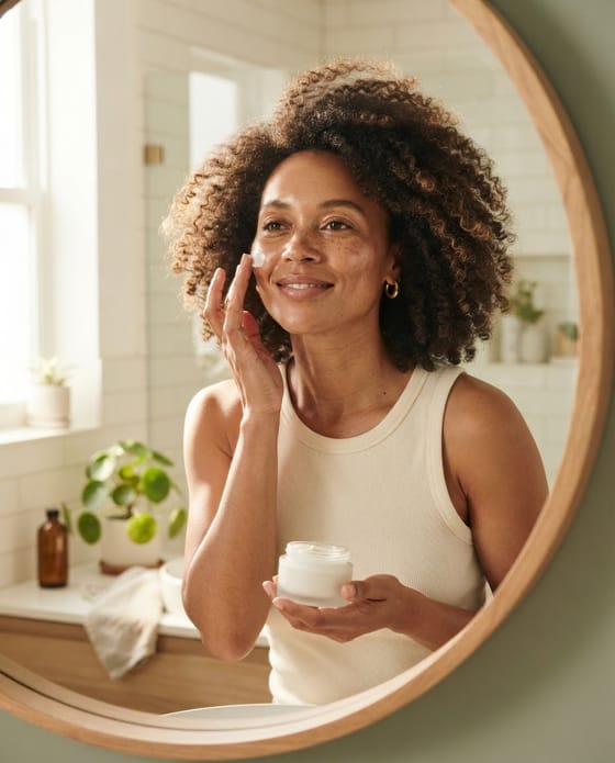 A woman applying skincare at a mirror