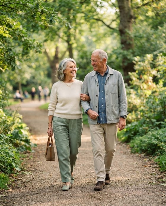 An older couple walking arm in arm along a woodland path