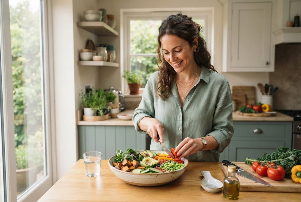 A woman preparing a fresh salad in her kitchen